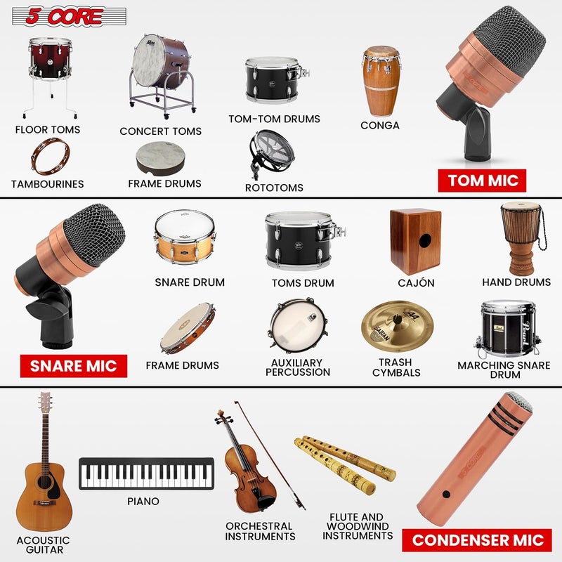 5 Core Conga Mic Snare Tom Set Professional XLR Cardioid Unidirectional Condenser Instrument Microphone Kit Congo 3XP Copperex - Image 4